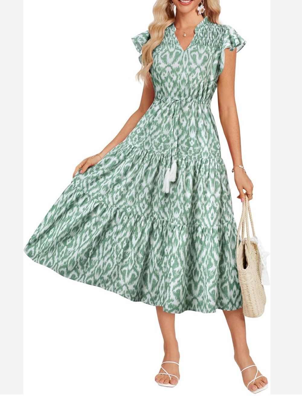 NWT Grace Karin Green and White Ikat Tiered Midi Dress